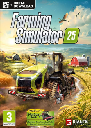 Jaquette PC de Farming Simulator 25 montrant un tracteur moderne vert circulant dans un paysage agricole avec champs, grange rouge et collines au lever du soleil, avec le logo du jeu et la classification PEGI 3.