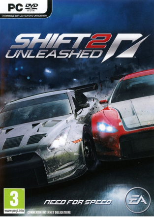 Jaquette PC de Shift 2 Unleashed montrant deux voitures de course se percutant de nuit sur un circuit, avec le logo du jeu et la classification PEGI 3.