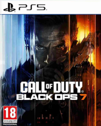 Jaquette PS5 de Call of Duty Black Ops 7 montrant un soldat en gros plan, visage partagé entre lumière bleue et orange, tenant une arme, avec le logo du jeu et la classification PEGI 18.