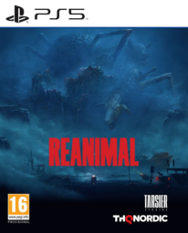Jaquette PS5 du jeu Reanimal montrant une scène sombre et brumeuse avec des créatures géantes et inquiétantes, le titre REANIMAL en rouge et la classification PEGI 16.