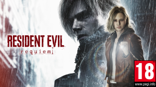 Key art du jeu d’horreur Resident Evil Requiem montrant une femme avec une lampe torche sous la pluie devant le visage sombre d’un homme, ambiance survival horror, avec le mention PEGI 18..