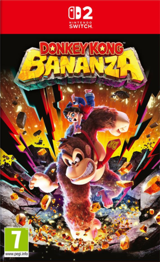 Jaquette Nintendo Switch 2 de Donkey Kong Bananza montrant Donkey Kong en pleine action brisant le sol rocheux, avec des éclats de pierre autour de lui, le logo du jeu en haut et la classification PEGI 7.