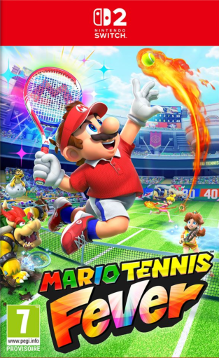 Jaquette Nintendo Switch 2 de Mario Tennis Fever montrant Mario en pleine action sur un court de tennis, frappant une balle enflammée, avec plusieurs personnages de l’univers Mario en arrière-plan et la classification PEGI 7.