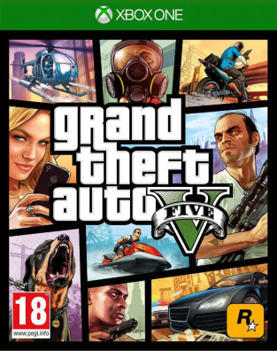 Jaquette Xbox One de Grand Theft Auto V (GTA 5) montrant un montage d’illustrations avec plusieurs personnages, un hélicoptère, une moto, un chien rottweiler, une voiture sportive, le logo GTA V au centre et la classification PEGI 18.