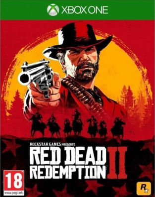 Jaquette Xbox One de Red Dead Redemption 2 montrant un cowboy armé pointant un revolver vers l’avant, sur fond rouge et coucher de soleil jaune, avec des silhouettes de cavaliers, le logo du jeu et la classification PEGI 18.