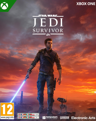 Jaquette Xbox One de Star Wars Jedi Survivor montrant un Jedi tenant un sabre laser bleu au coucher du soleil, avec un petit droïde à ses côtés, le logo du jeu et la classification PEGI 12.